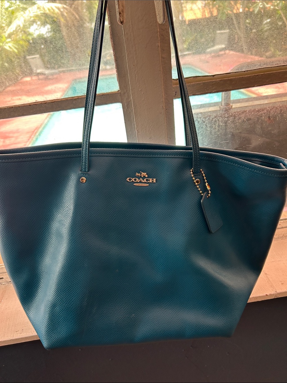 Coach Teal Blue Pebbled Leather Tote with Logo Charm